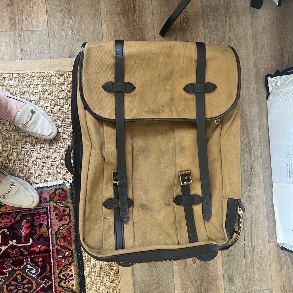 Filson Tan Canvas with Brown Leather Men's Rolling Suitcase Bag